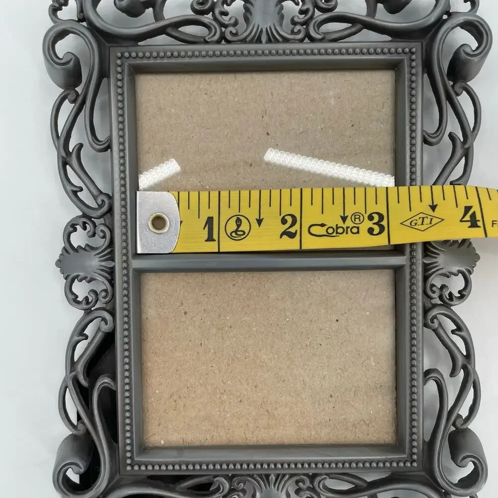 Double Photo Frame, Metal, Pewter Color, Ornate Scroll, 2 1/4” X 3 1/4” Ea. Side